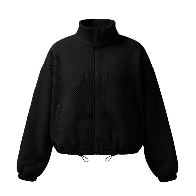 Veste de Baseball Texturée pour Femmes, Col Haut Fermeture Éclair devant Coupe Ample, Ourlet à Cordon Élastique Décontracté, Style Mode Urbaine avec Poche Latérale, Haut Confortable Surdimensionné Noir m