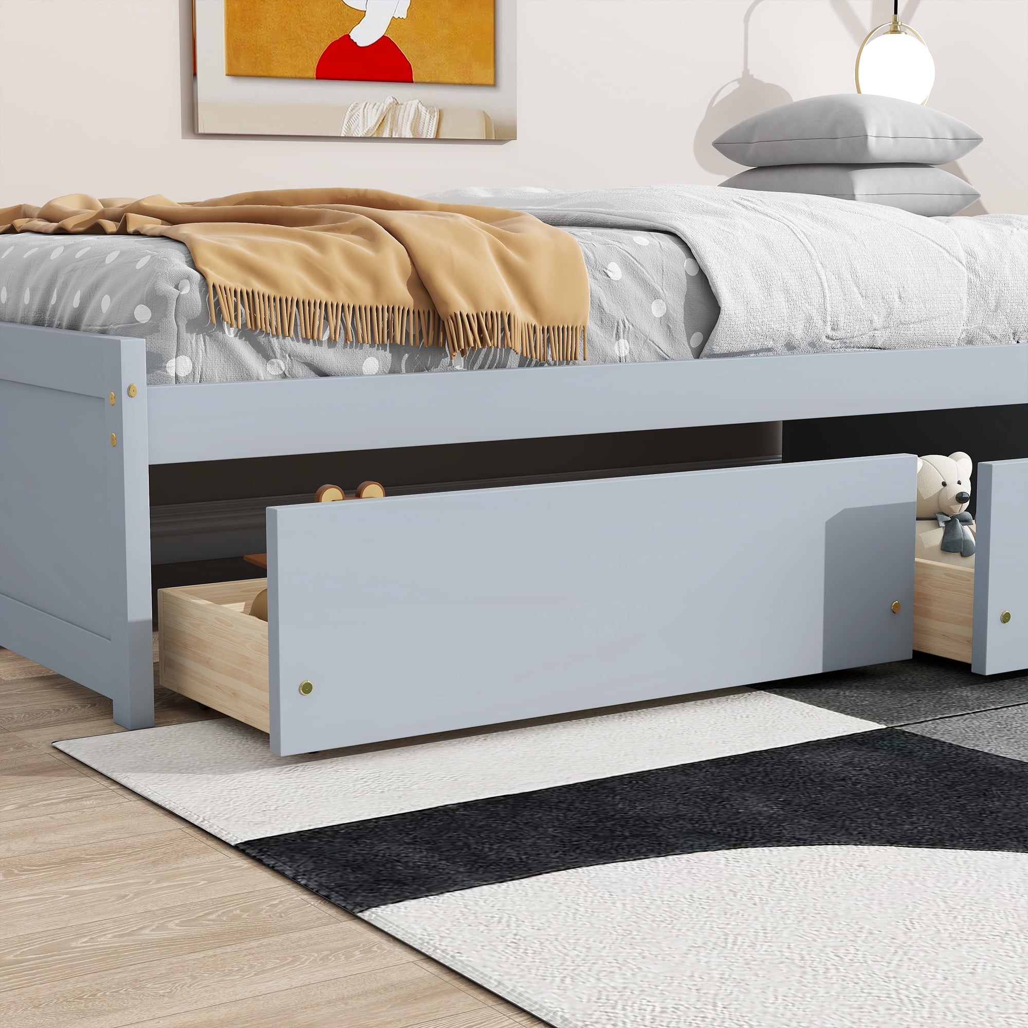 Sailvan Twin Size Bed with 2 Drawers, Solid Rubber Wood Bed