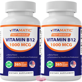 Vitamatic Vitamin B12 1000 mcg Fast Dissolve 365 Tablets - Berry Flavor - Supports Energy Metabolism - 2 Pack