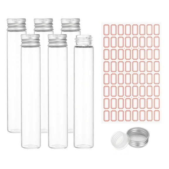 30ml Test Tubes with Caps, 6Pcs 22x120mm Glass Clear Flat Bottom Test Tube Containers with Plastic Cap for Bead Party Candy Bath Salt Storage Scientific Experiment Plant(Silver)