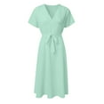 thumbnail image 4 of Charmgo Summer Dresses for Women, 2024 Women Casual Elegant Solid Color V Neck Short Sleeve Floral Dress Midi Dresses for Women, Sundresses for Women 2024 Green L, 4 of 4