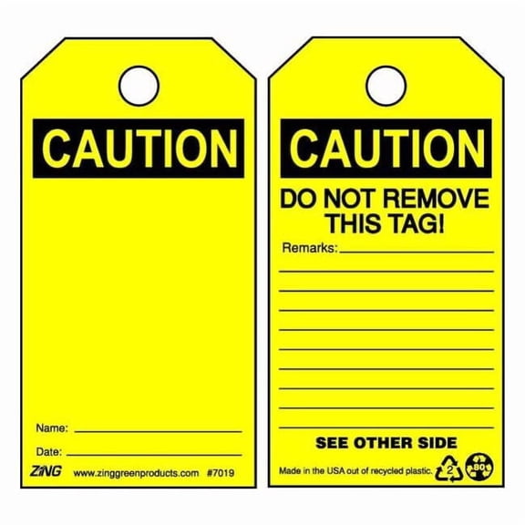 Zing Caution Tag, Caution, 5 3/4 in H x 3 in W, Yellow, Rectangle, 10 PK 7019