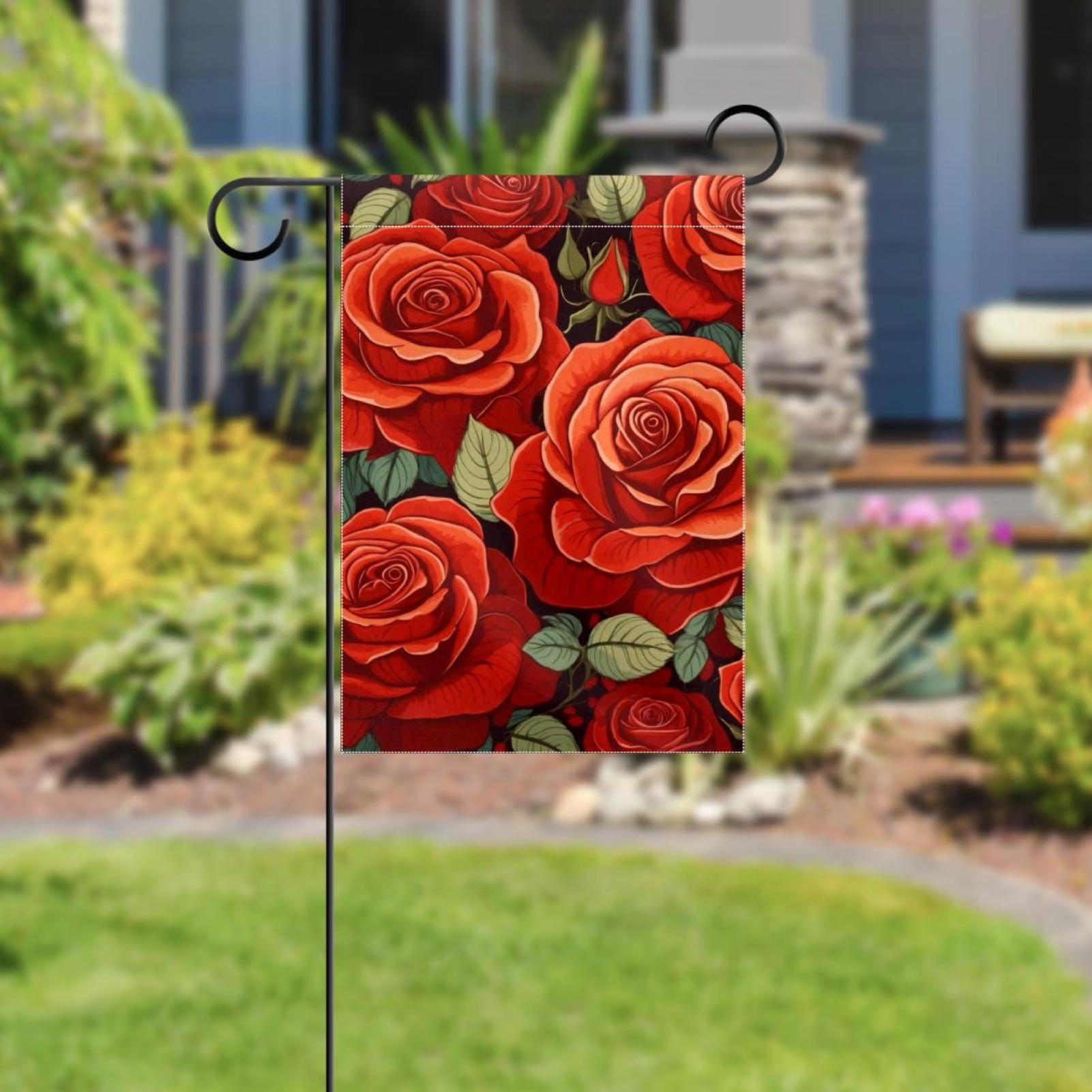 Welcome Red Rose Garden Flag, Vertical Double Sided Small House Flag, Yard Farmhouse Outdoor Deck Veranda Lawn Decor 28x40 Inch