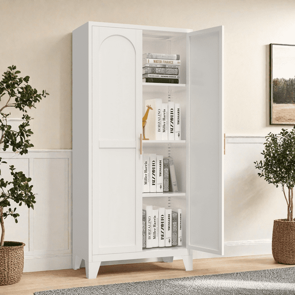 SESSLIFE 61" Freestanding Storage Cabinet, Compact Tall Cabinet with Adjustable Shelves, Modern White Finish for Bedroom, Living Room, Office, Durable Steel Build, White