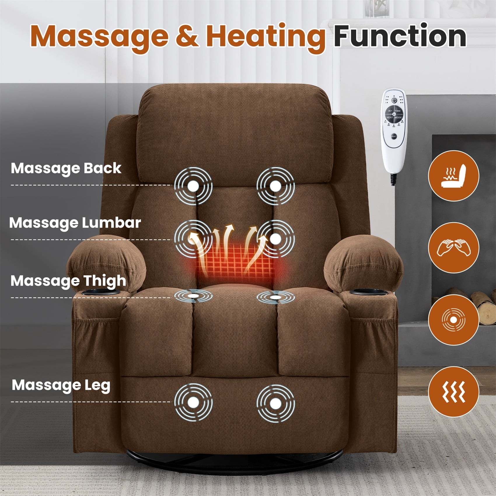 Alvantor Swivel Recliner Chair with Massage & Heat for Adults, Single Rocker Sofa with Cup Holders for Bedroom Home Theater Brown