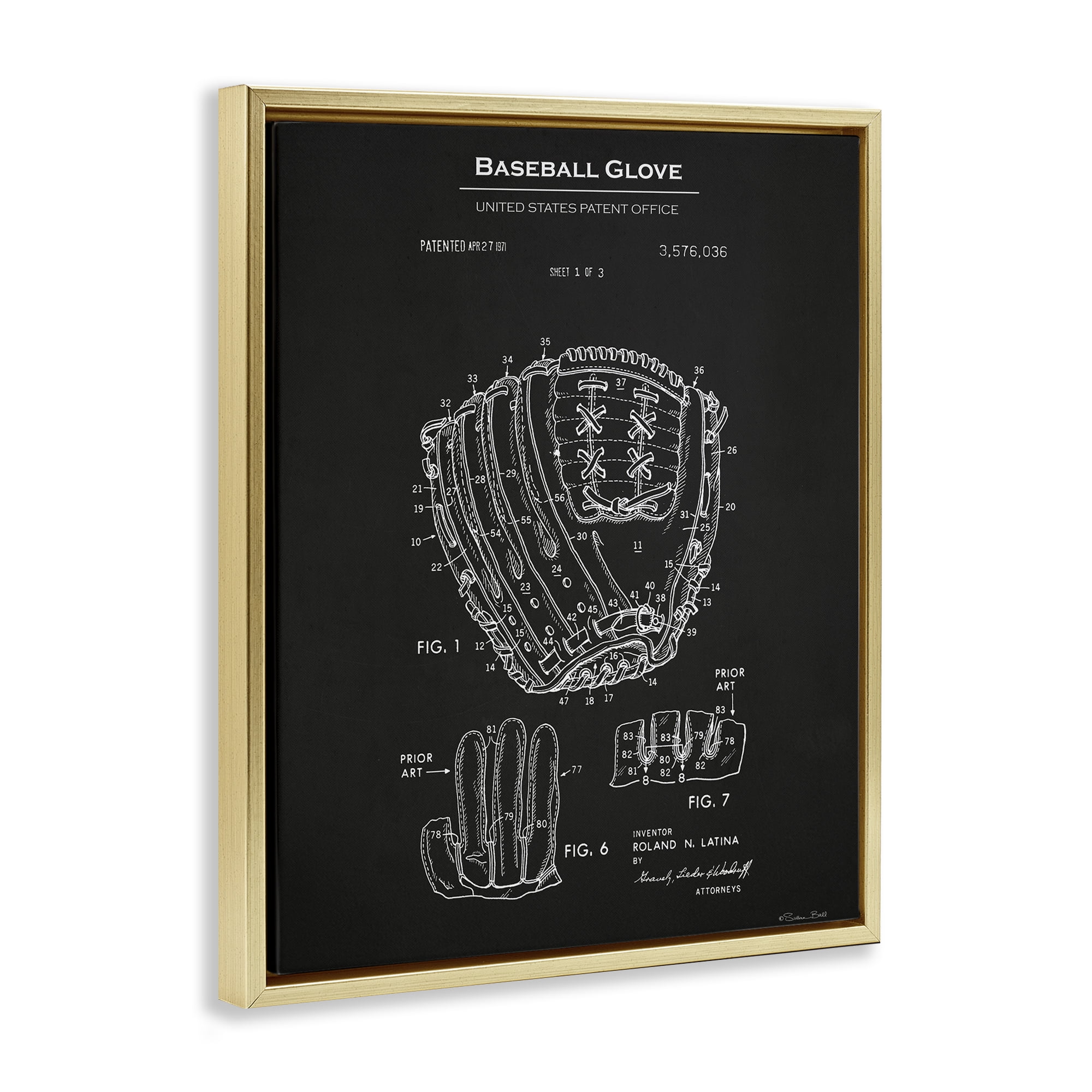 Stupell Industries Baseball Glove Blueprint Sports Painting Gold Floater Framed Art Print Wall Art, 25 x 31