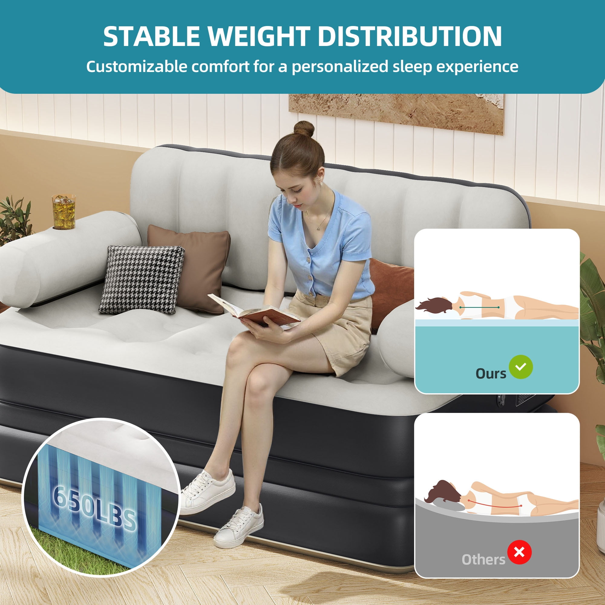 Uforic Queen Air Sofa Bed Mattress with Headboard & Pump for Home Camping Guests, Gray