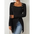 thumbnail image 3 of Ribbed Button Decor Asymmetrical Hem T-Shirt, Casual Long Sleeve Top For Spring & Fall, Women's Clothing, 3 of 7