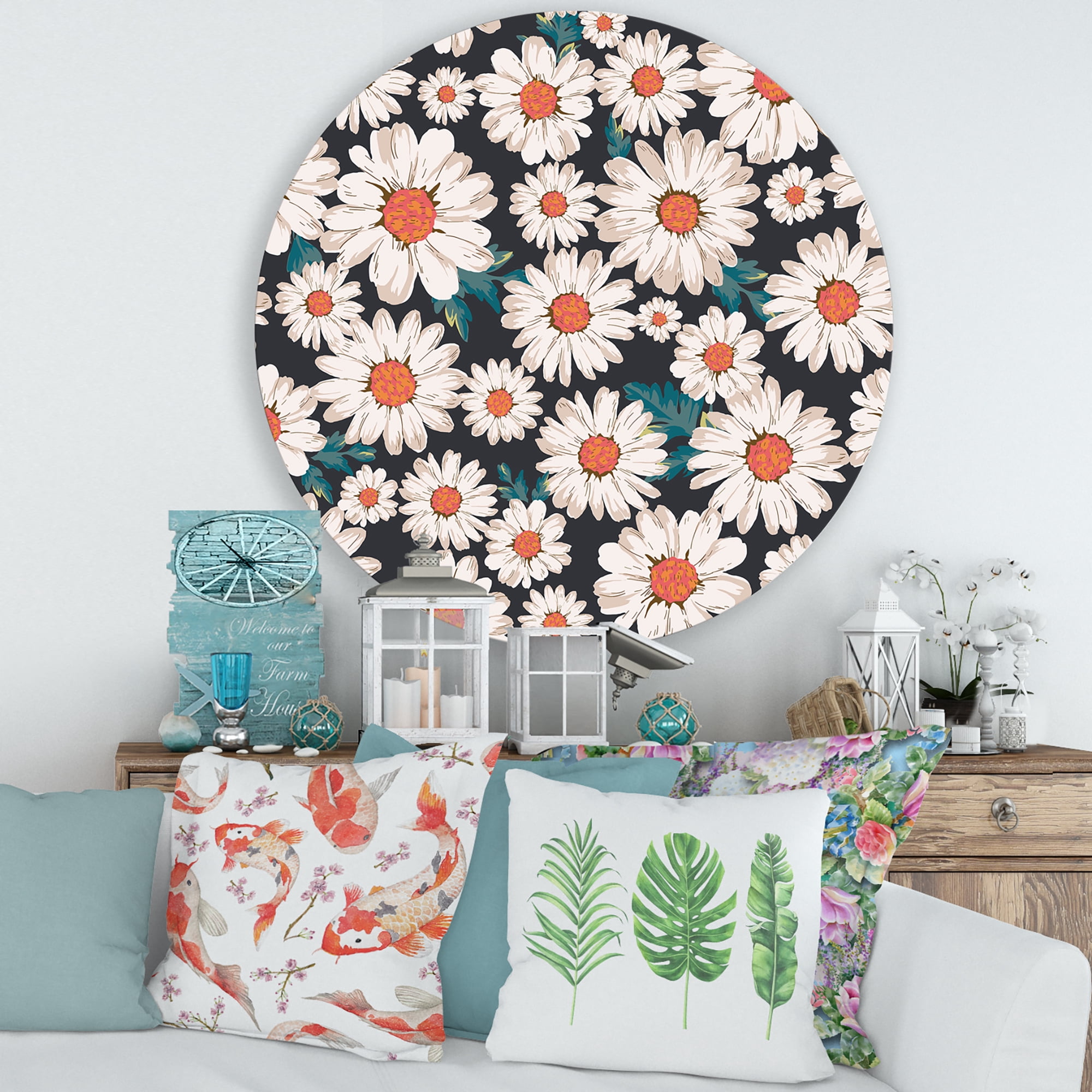 Designart 'Prolific of White Daisy Flowers' Traditional Circle Metal Wall Art 36x36 - Disc of 36