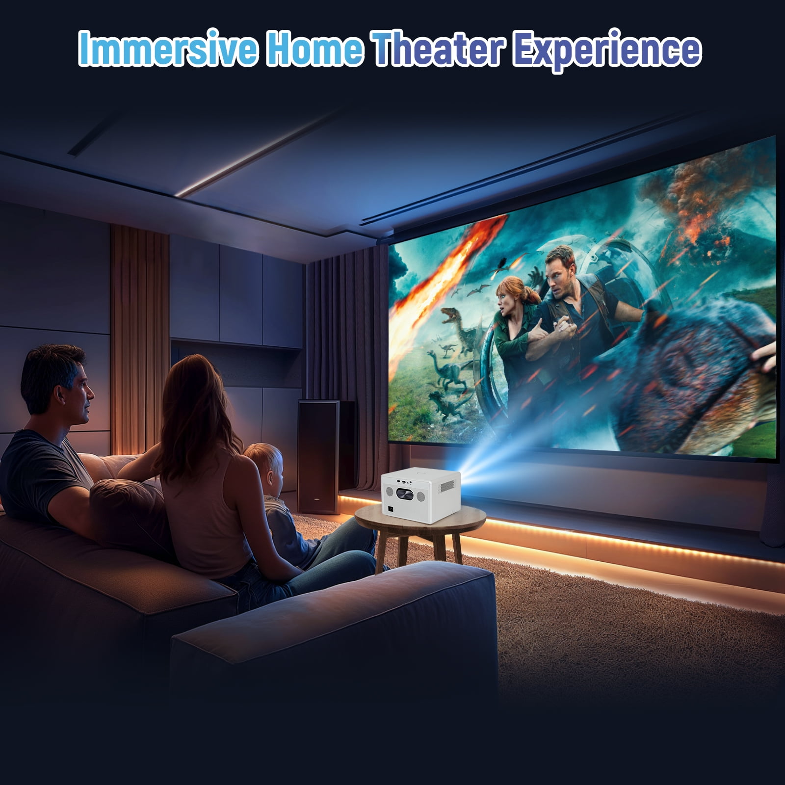 Motorized Focus,Smart Projector with WiFi and Bluetooth, 600ANSI Native 1080P Outdoor Projector, 50% Zoom Home Theater Movie Projector for Bedroom/Outside