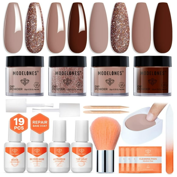 Kit de uñas en polvo Modelones con purpurina marrón de 4 colores