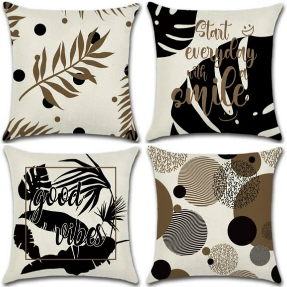 Set of 4 Pillow Covers 18x18, Large Leaves Good Vibes Pattern Style, Cotton Linen Fabric Decorative Indoor / Outdoor Throw Pillow Case Set 45x45cm