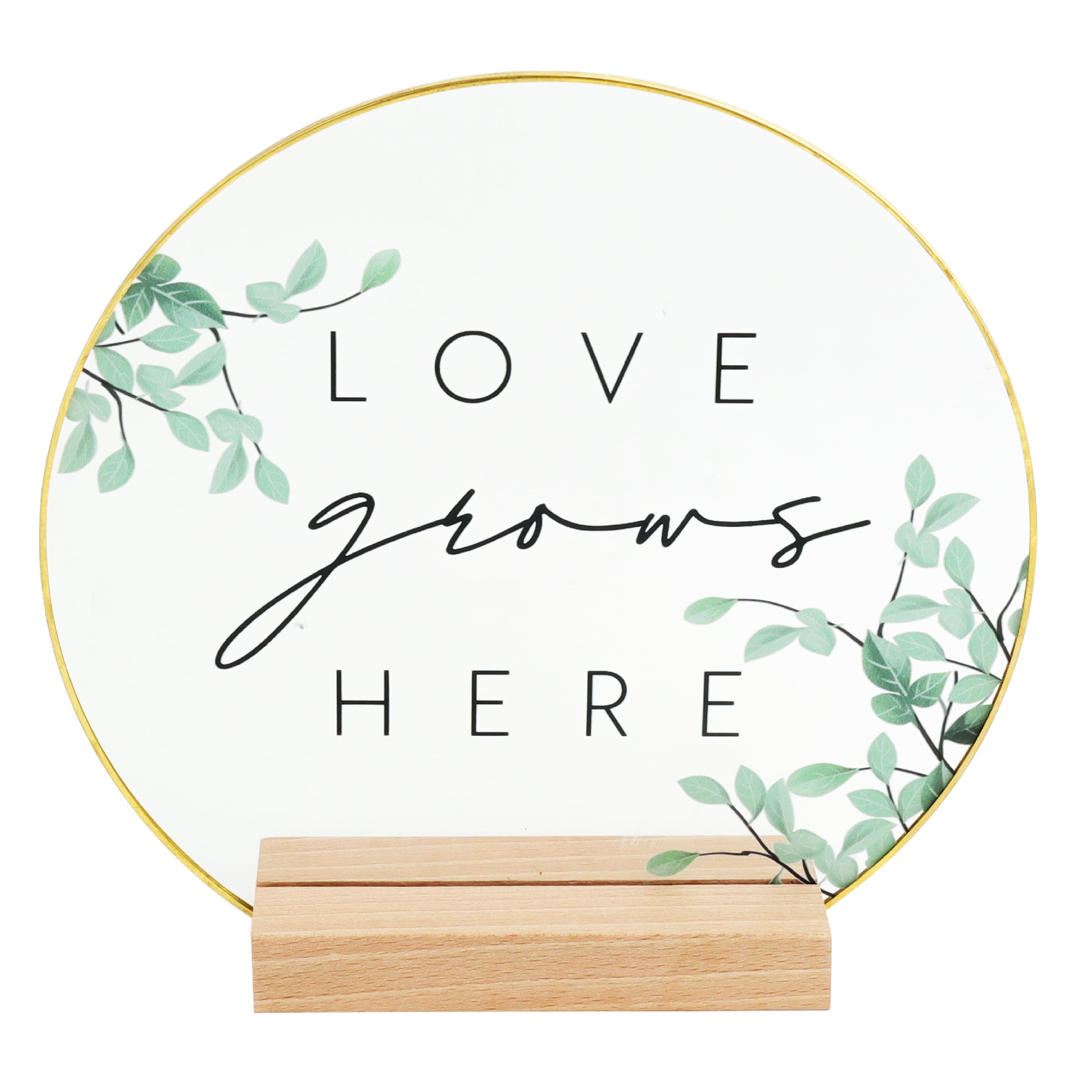 Inspirational "Love Grows Here" Translucent Tabletop Plaque with Solid Wood Base Stand