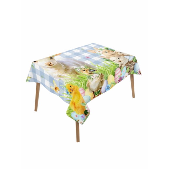 Easter Rectangle Tablecloth, Spring Bunny Sheep Floral Eggs Botanical Blue Check Waterproof & StainResistant Tablecloth, Washable Oil-proof Table Cover for Dining/Party/Wedding/Buffet 60x102 In