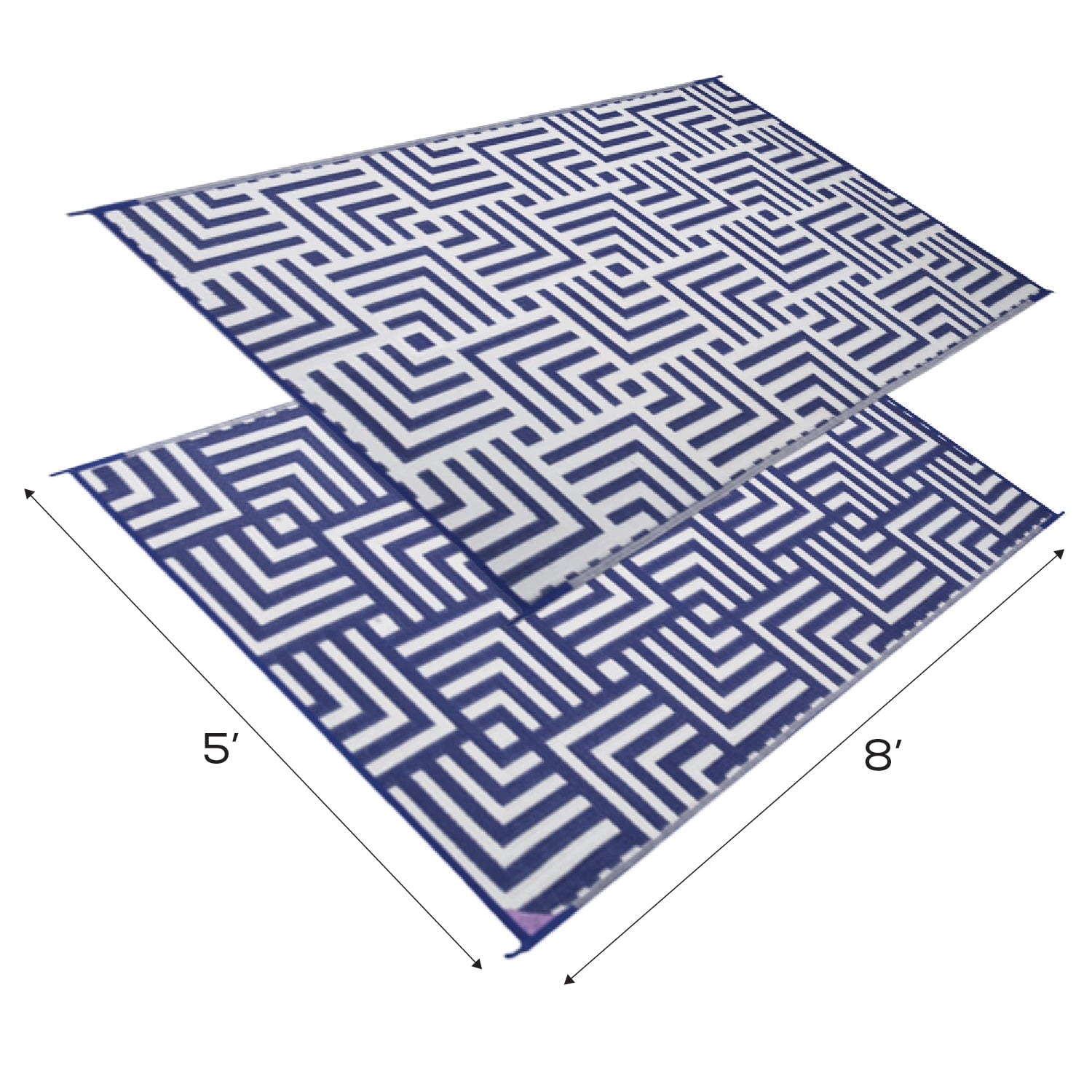 Reversible Mat 5x8 Foot Outdoor Polypropylene Pattern Patio Rug, Navy Blue/Beige
