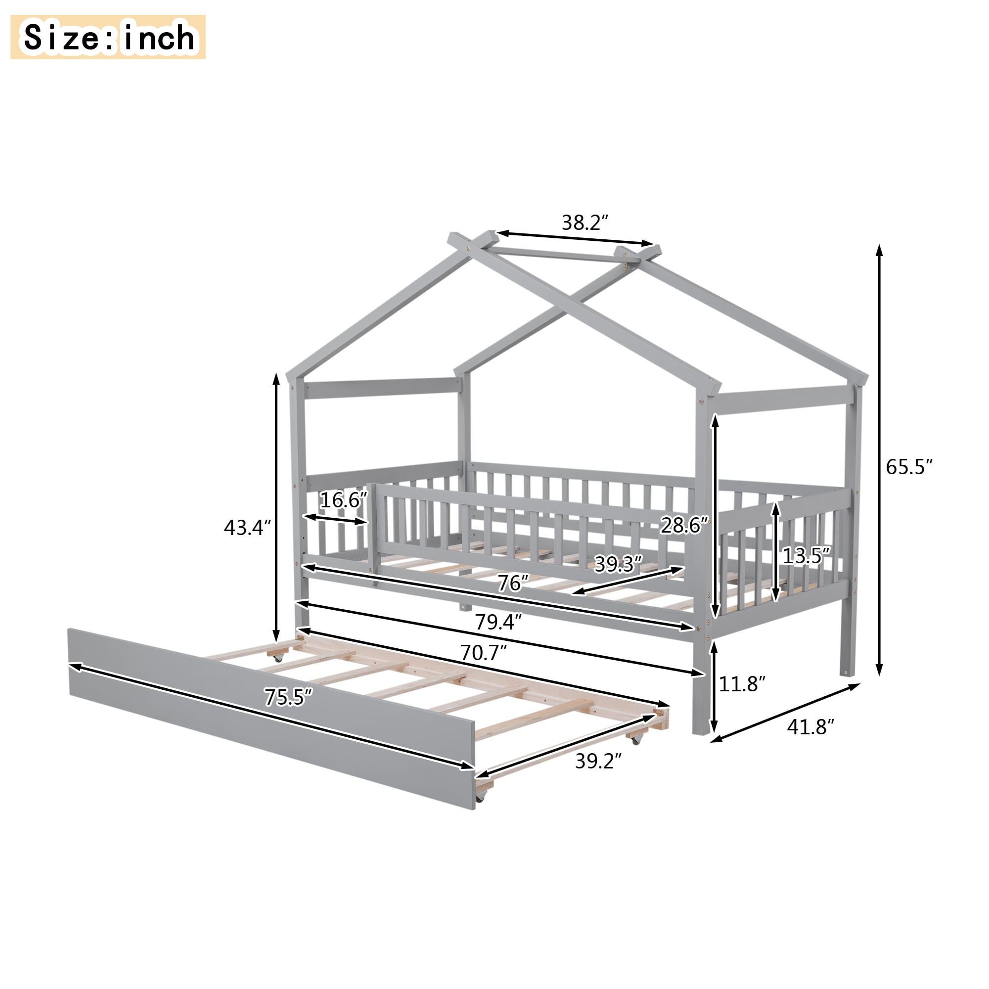 Euroco Twin Size House Bed with Trundle, Canopy Low Profile Bed for Kids, Gray