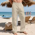thumbnail image 4 of Men'S Linen Pants Casual Cargo Pants Elastic Drawstring Waist Straight Wide Leg Summer Yoga Beach Pant With Pockets, 4 of 8