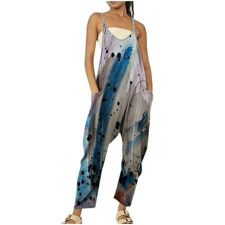 

Usmixi Womens Jumpsuits Fashion Pocket Loose Baggy Overalls Spaghetti Strap Long Jumpsuits Trendy Tie-Dye V-Neck Sleeveless Maxi Summer Rompers Pink s