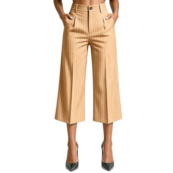Costeam Womens Vertical Pinstripe Cropped Wide Leg Capri Pants Button Zip Fly High Waist Front Pleat Side Pocket Formal Casual Stripe Dressy Mid Length Trousers
