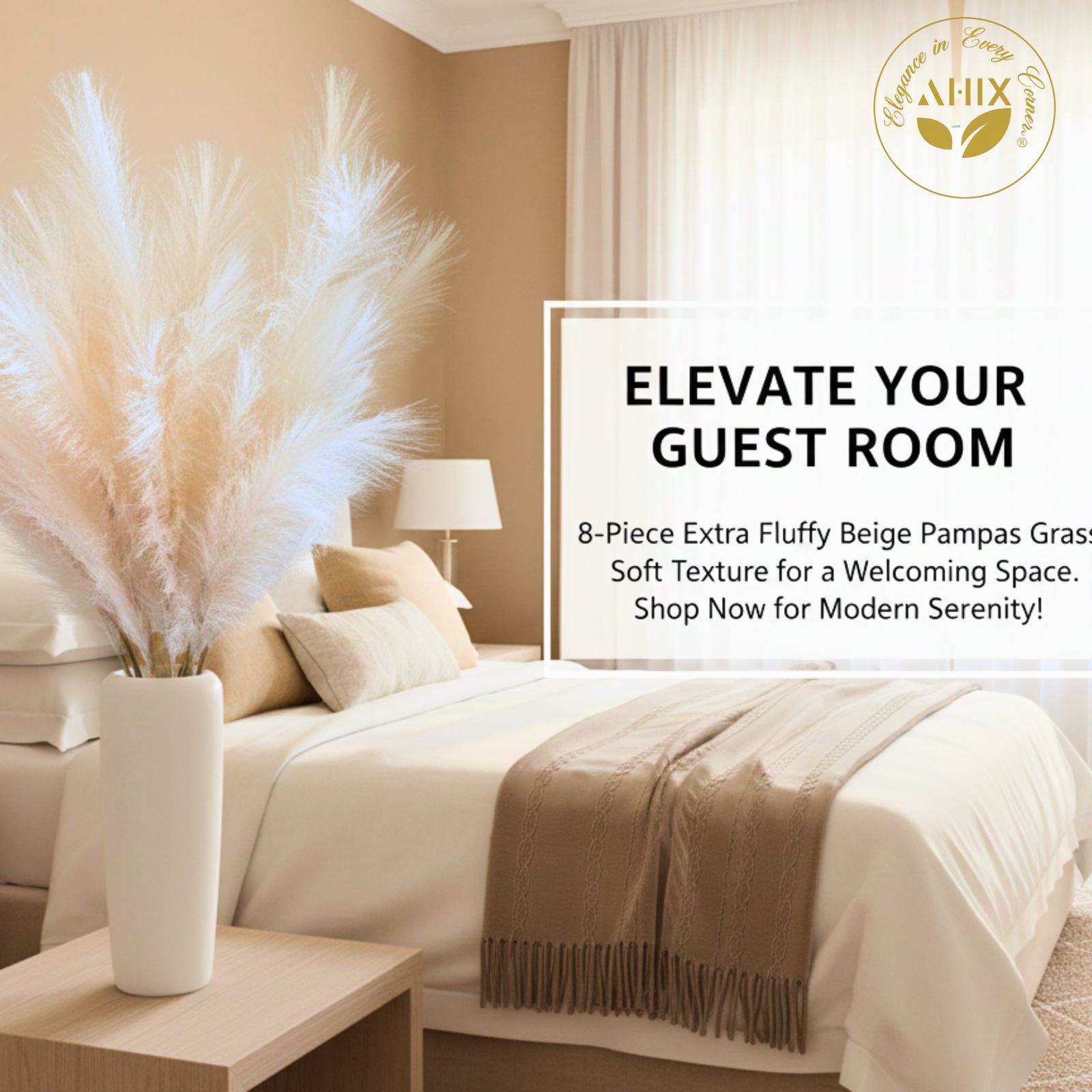 AHIX Faux Pampas Grass, 38-Inch Beige Artificial Flowers, Boho Home Décor (8 Pieces)