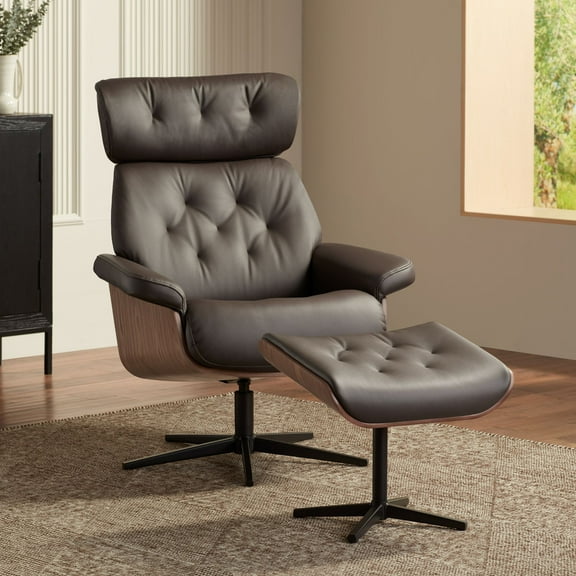 BenchMaster Melia Chocolate Tufted Faux Leather Swivel Recliner and Slanted Ottoman