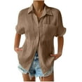 thumbnail image 2 of Short Sleeve Tops for Women Shirts for Women Summer Casual Cotton Linen Short Sleeve T Shirt Loose Fit Button Down Lapel Solid Color Tees, 2 of 6