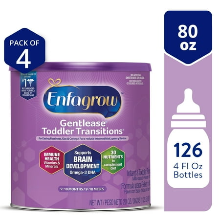 Enfagrow Gentlease Toddler Transitions Gentle Baby Formula Milk Powder, For Easing Fussiness, Gas & Crying, Omega-3 DHA, Iron, Powder Can, 20 Oz (Pack of 4)