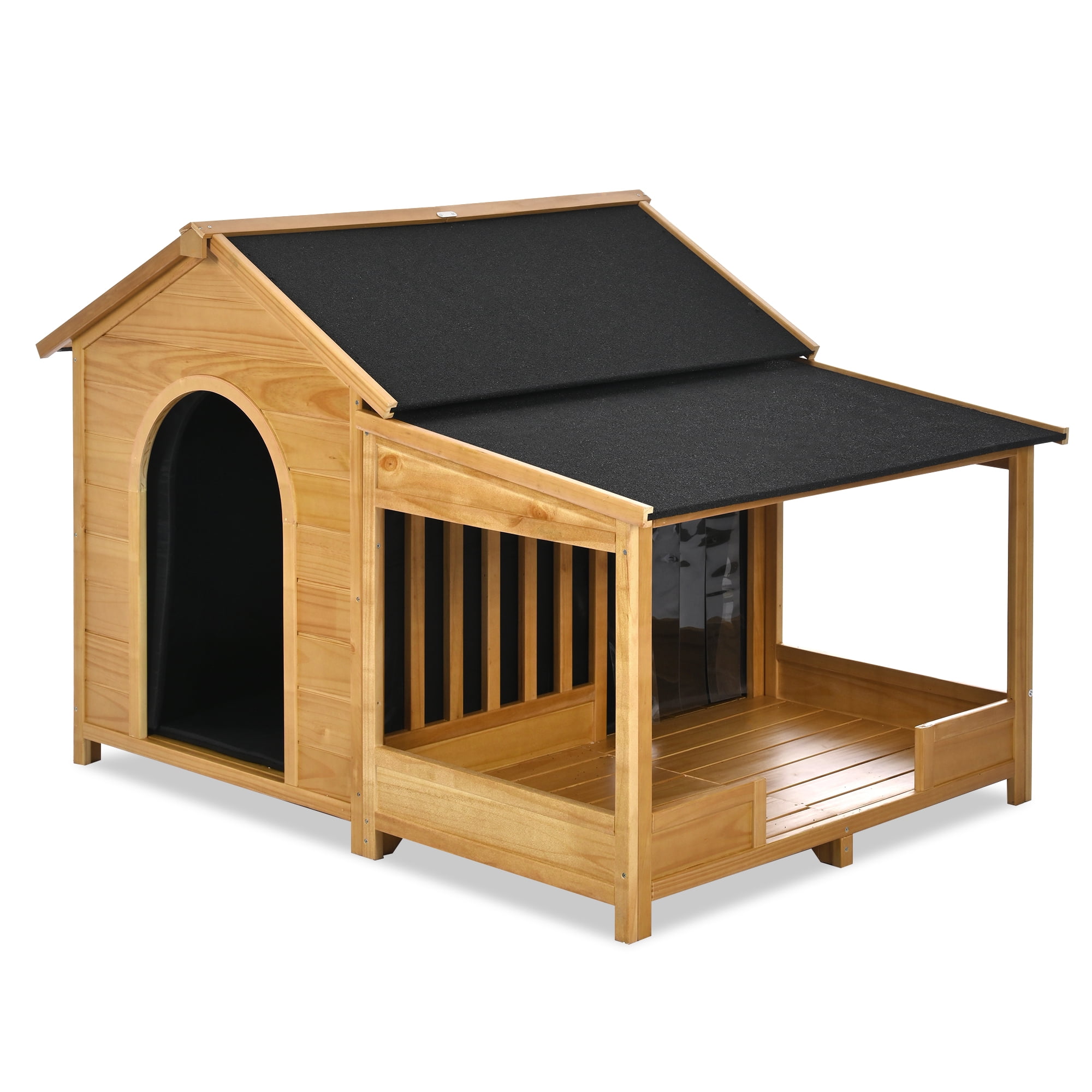 Large Outdoor Dog House with Insulated Liner, 60.2" Weatherproof Dog Kennel with Porch & Asphalt Roof for Medium/Large Dogs up to 120lbs, Natural