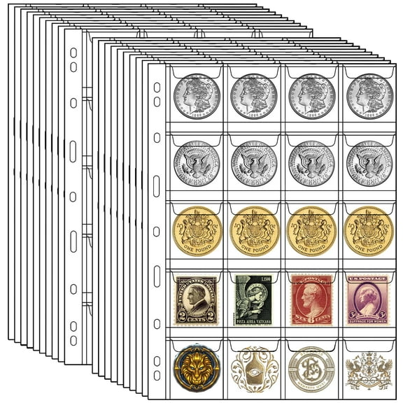 Trianu 10 Sheets Coin Pages, 20 Pockets Coin Sleeves, Coin Collecting Supplies with Standard 9 Holes, Coin Sheets Plastic for Binder