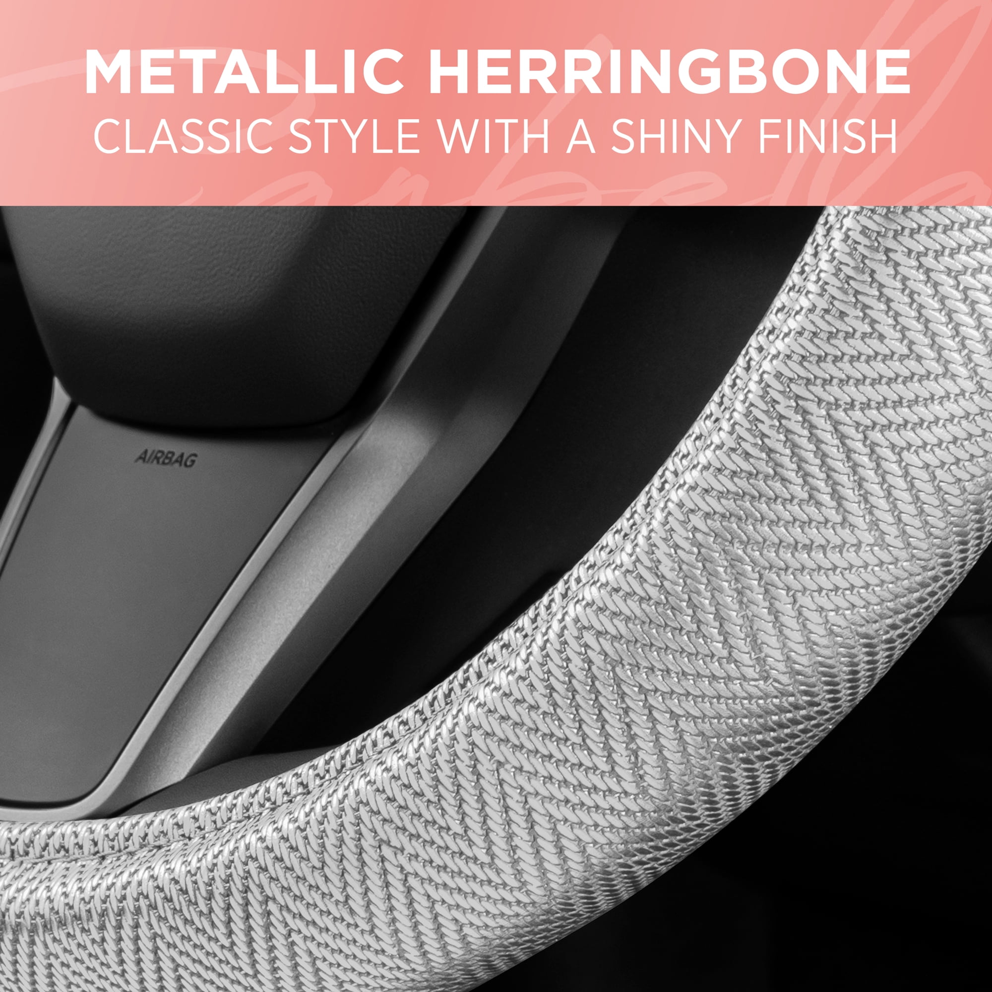 Silver Steering Wheel Cover, Standard 15 Inch Size Fits Most Vehicles, Cute Shiny Bling Car Steering Wheel Cover with Herringbone Detail, Car Accessories for Women