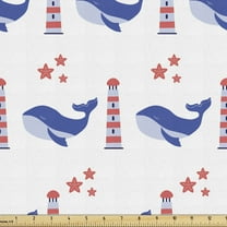 Ambesonne Nautical Blue Fabric by the Yard Upholstery, Whale and Lighthouse, 2 Yards, Violet Blue Ceil Blue
