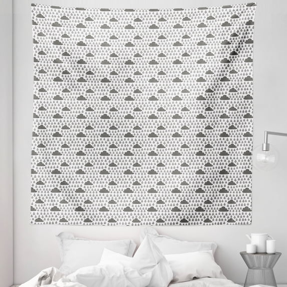 Grey and White Tapestry, Raindrops Clouds Sky Hand Drawn Style Stormy Weather Graphic, Fabric Wall Hanging Decor for Bedroom Living Room Dorm, 5 Sizes, Grey White, by Ambesonne