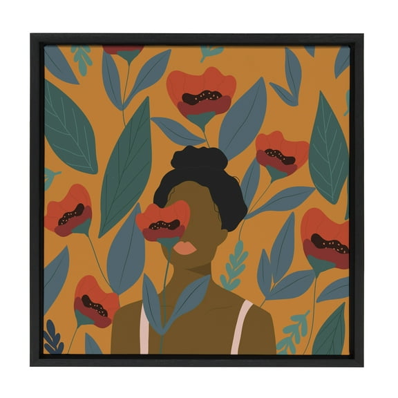 Kate and Laurel Sylvie Smell the Roses Framed Canvas Wall Art by Oris Eddu, 22x22 Black, Decorative Feminine Floral Art Print for Wall