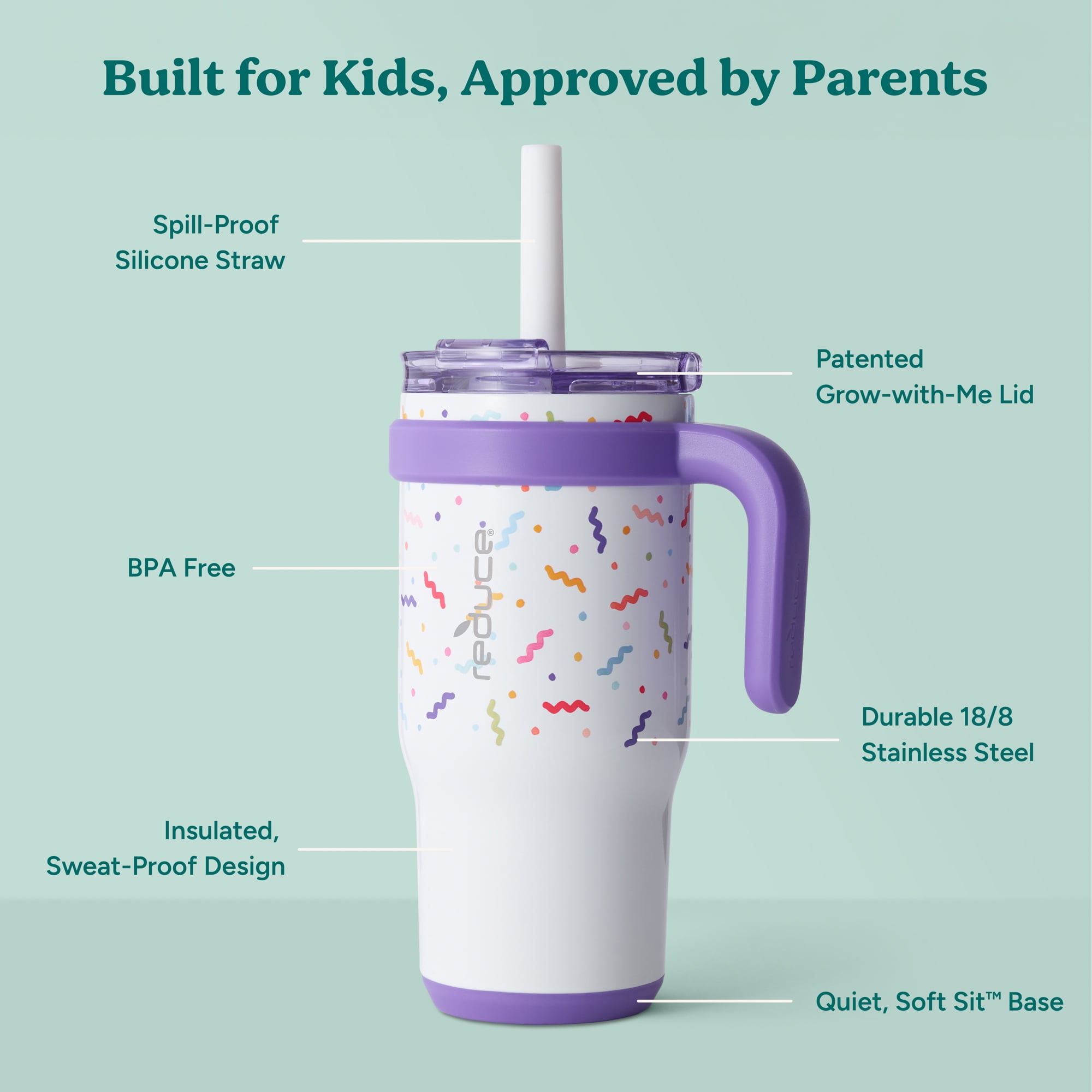 Reduce Coldee Kids Tumbler Spill-Proof Straw & Handle. Insulated Stainless Steel 18 oz, Squiggle Wiggle