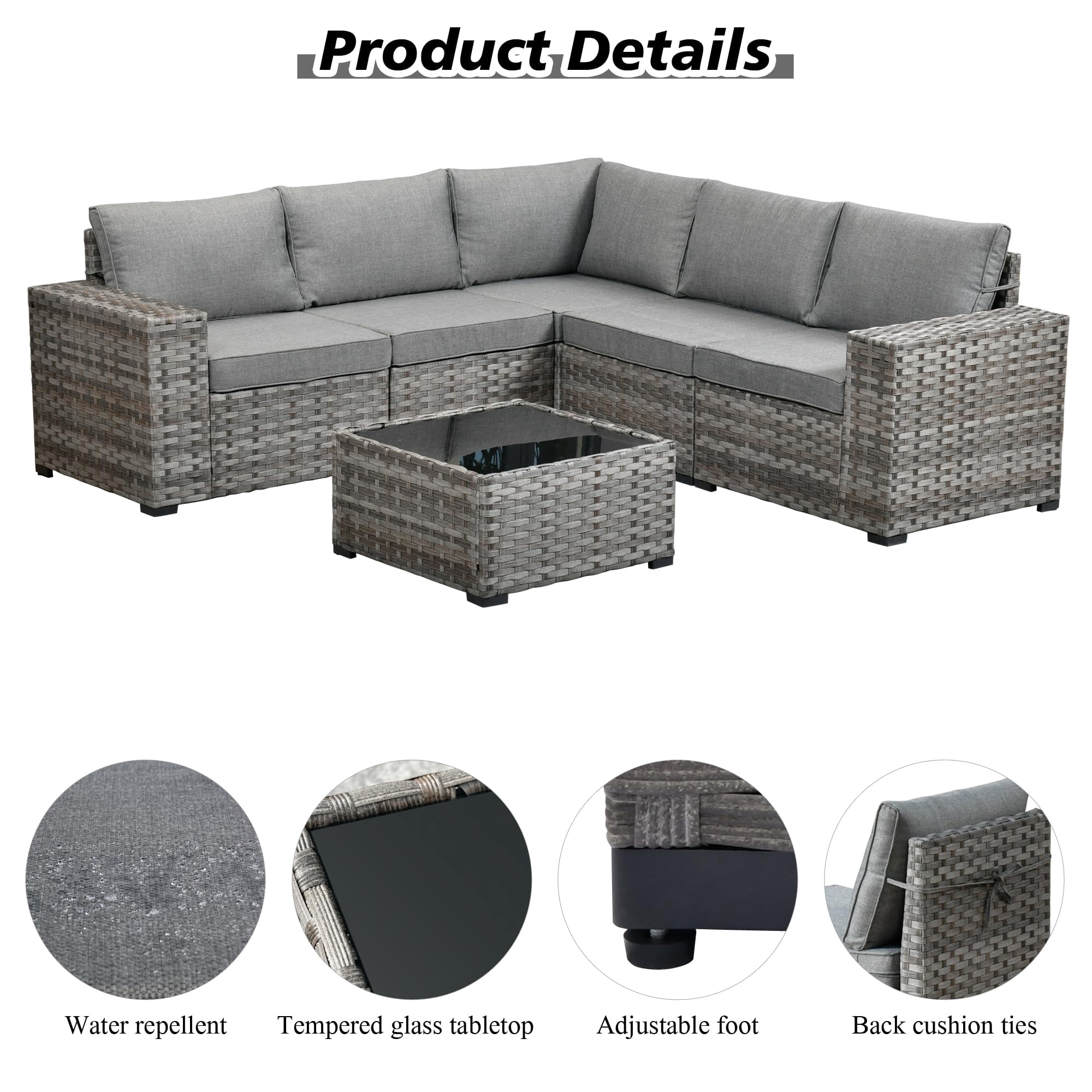 Vcatnet 6 Pieces Patio Furniture Outdoor Sectional Sofa Wicker Conversation Set with Coffee Table for Garden,Poolside,Dark gray