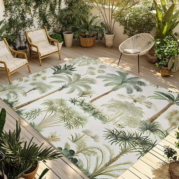 Fsddascl Green Palm Tree Outdoor Rug for Patio/Deck/Porch, Non-Slip Large Area Rug 4 x 6 Ft, Summer Tropical Botanical Indoor Outdoor Rugs Washable Area Rugs, Reversible Camping Rug Carpet Runner