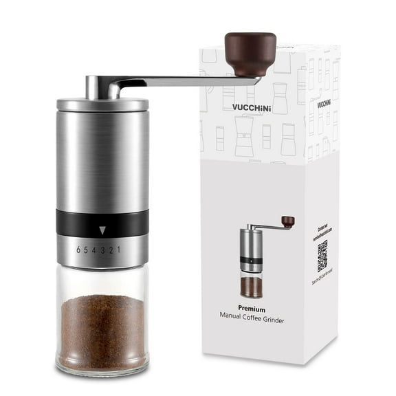 Vucchini Manual Coffee Grinder with Ceramic Burr - 6 Adjustable Settings - Portable Hand Coffee Bean Mill - Silver