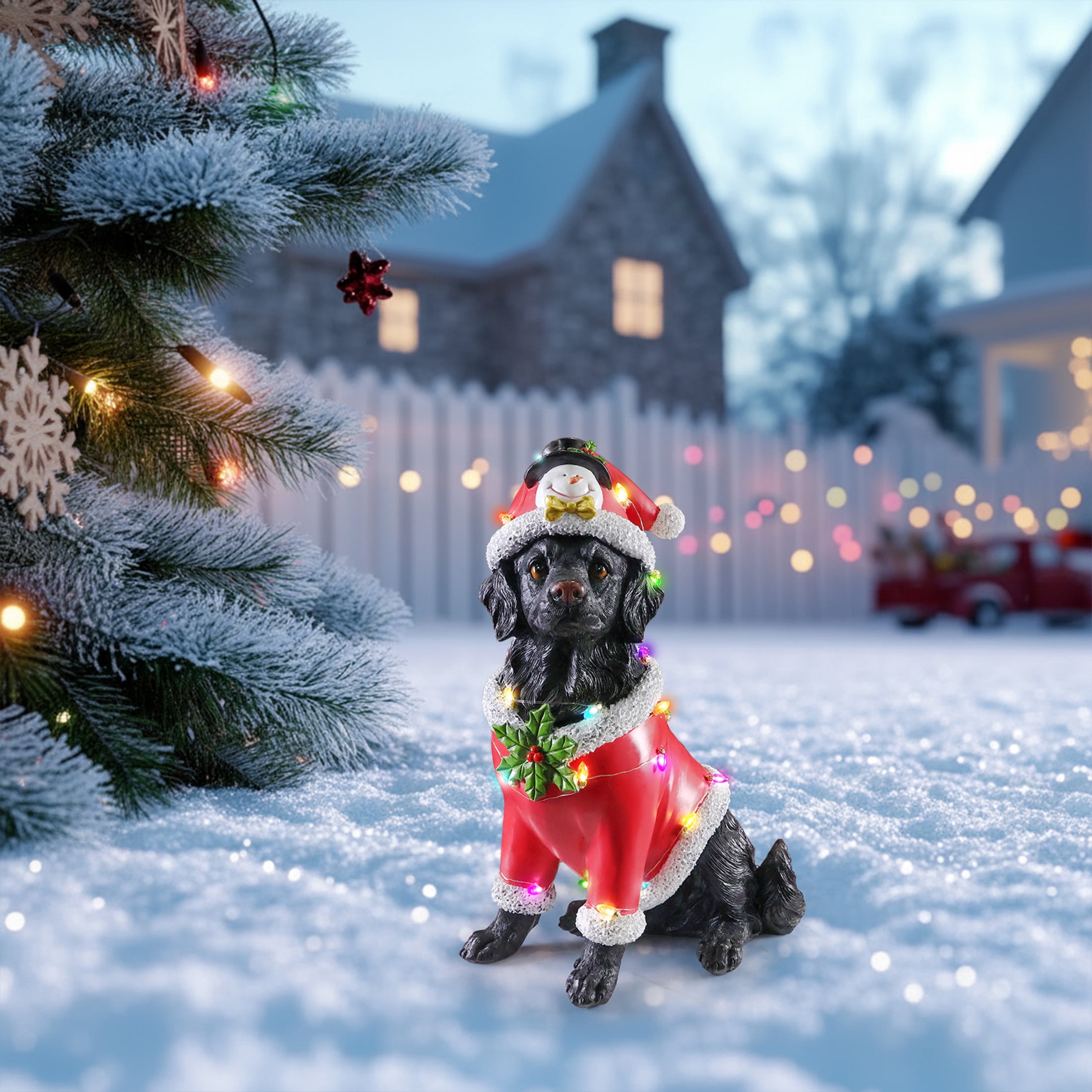 Noble House Christmas Golden Retriever Statue, Cheerful Holiday Dog Figurine in Santa Outfit, Black Fur & Red Shirt