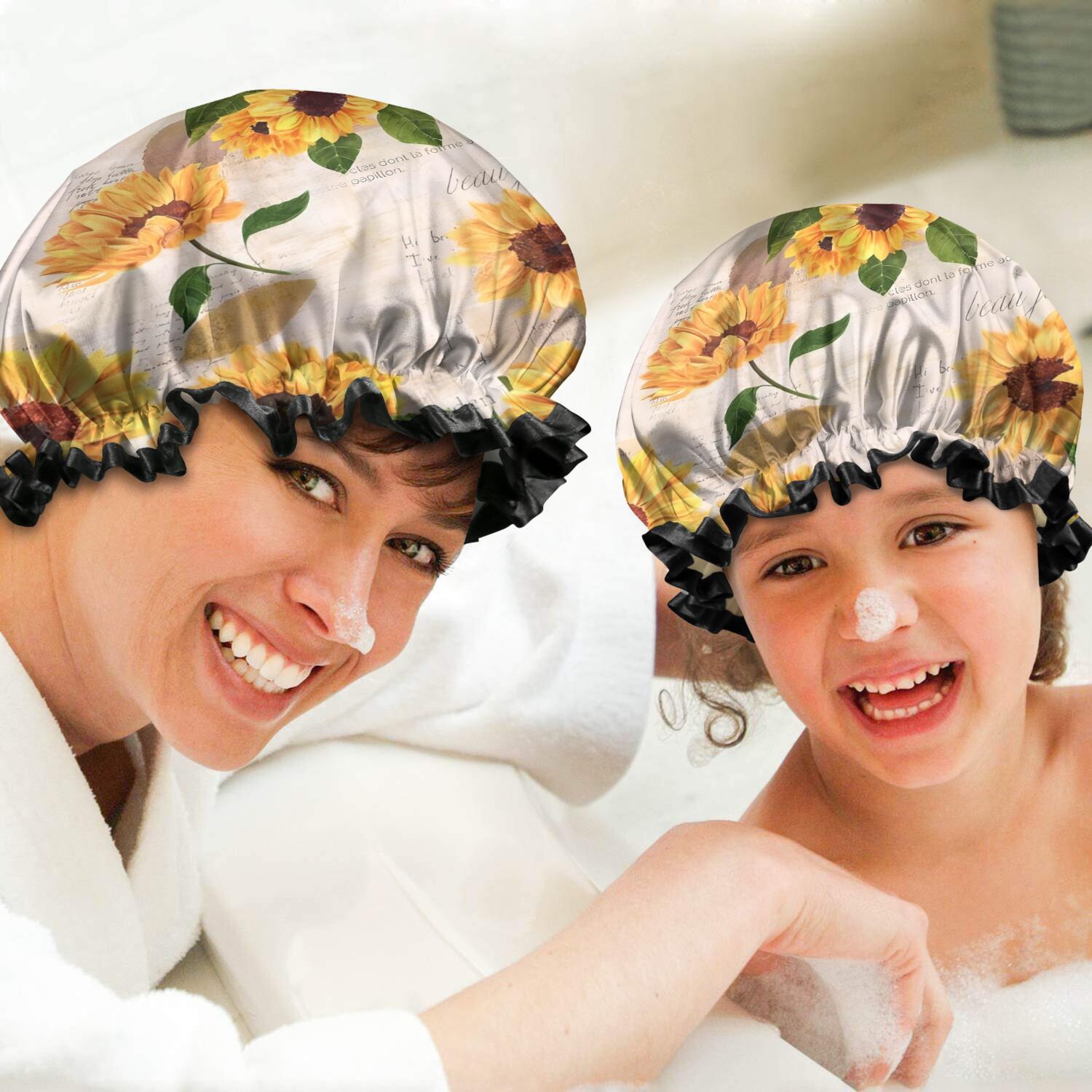 Shower Caps,Leaf Newspaper Text Sunflower Pattern Waterproof Shower Cap for Women 4 Pieces,Double Reusable Hair Cover for Shower PEVA Elastic Stretch Hem