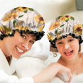 thumbnail image 6 of Shower Caps,Leaf Newspaper Text Sunflower Pattern Waterproof Shower Cap for Women 4 Pieces,Double Reusable Hair Cover for Shower PEVA Elastic Stretch Hem, 6 of 7