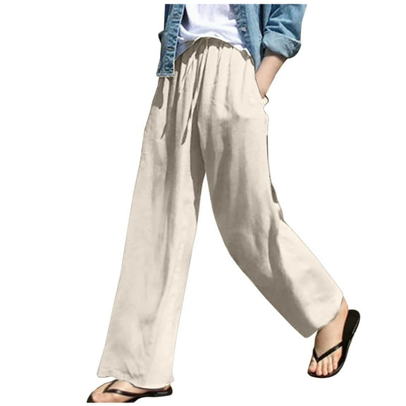 REALiKUN Women's Cotton Linen Pants Summer Casual High Waisted Tapered Trousers with Pockets
