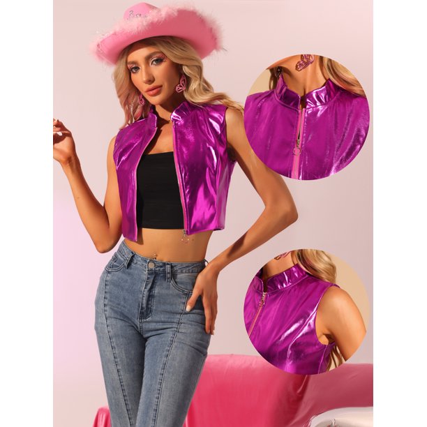 Chaleco de Color Metálico para Mujer Chaqueta Corta de Cuero