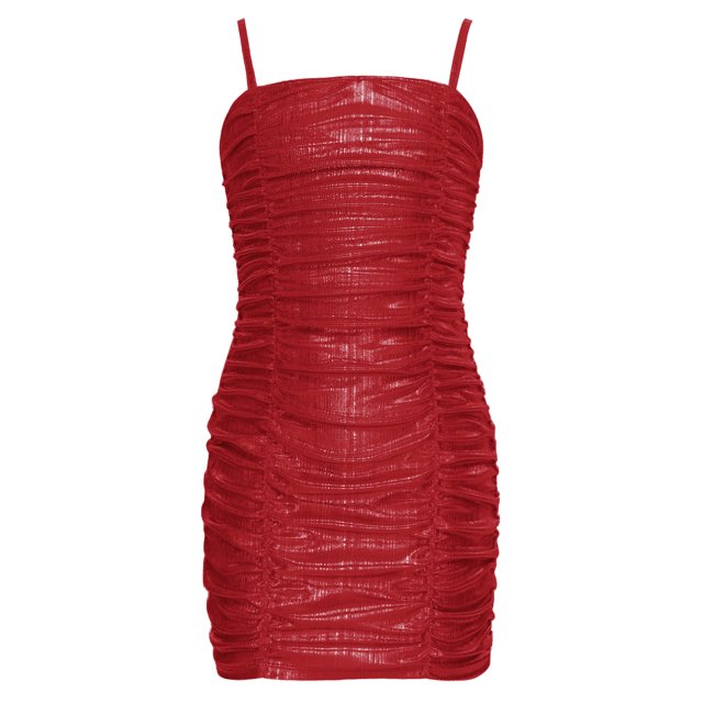 Moggemol Robe Caraco à Bretelles Spaghetti pour Fille Sans Manches Froncée Courte Ajustée Coupe Crayon Rouge 10