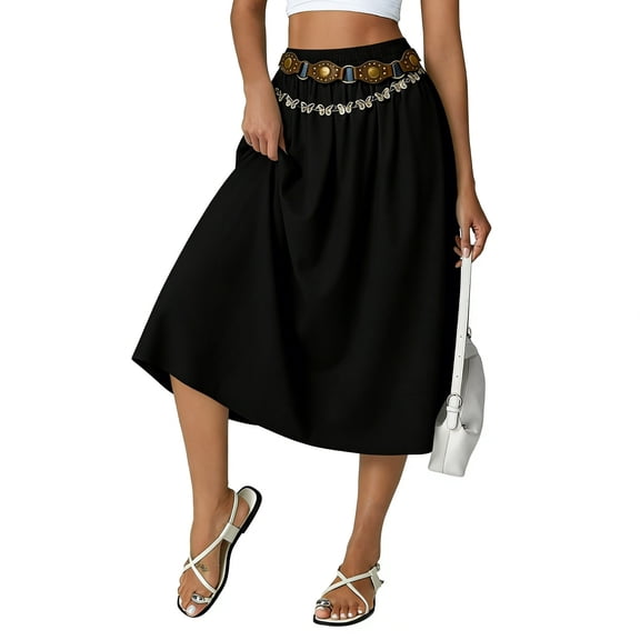 Jsaierl Women's Western Style Midi Skirt, Elastic Waist Casual Flowy Skirt, Boho A-Line Skirt for Daily Wear & Vacation