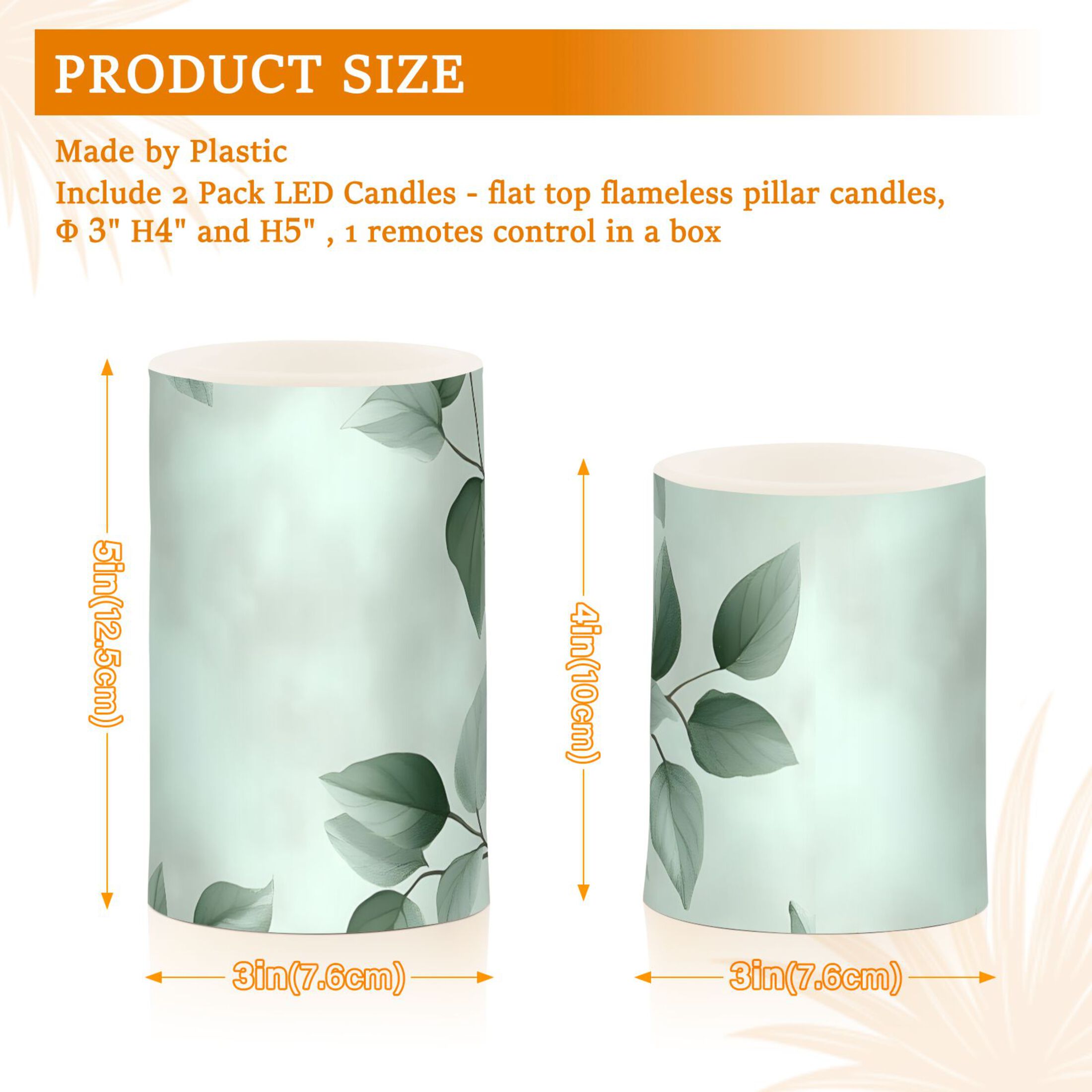 Watercolor Green Leaf Flickering Flameless Candles Battery Operated with Remote Timer LED Pillar Candles Set of 2