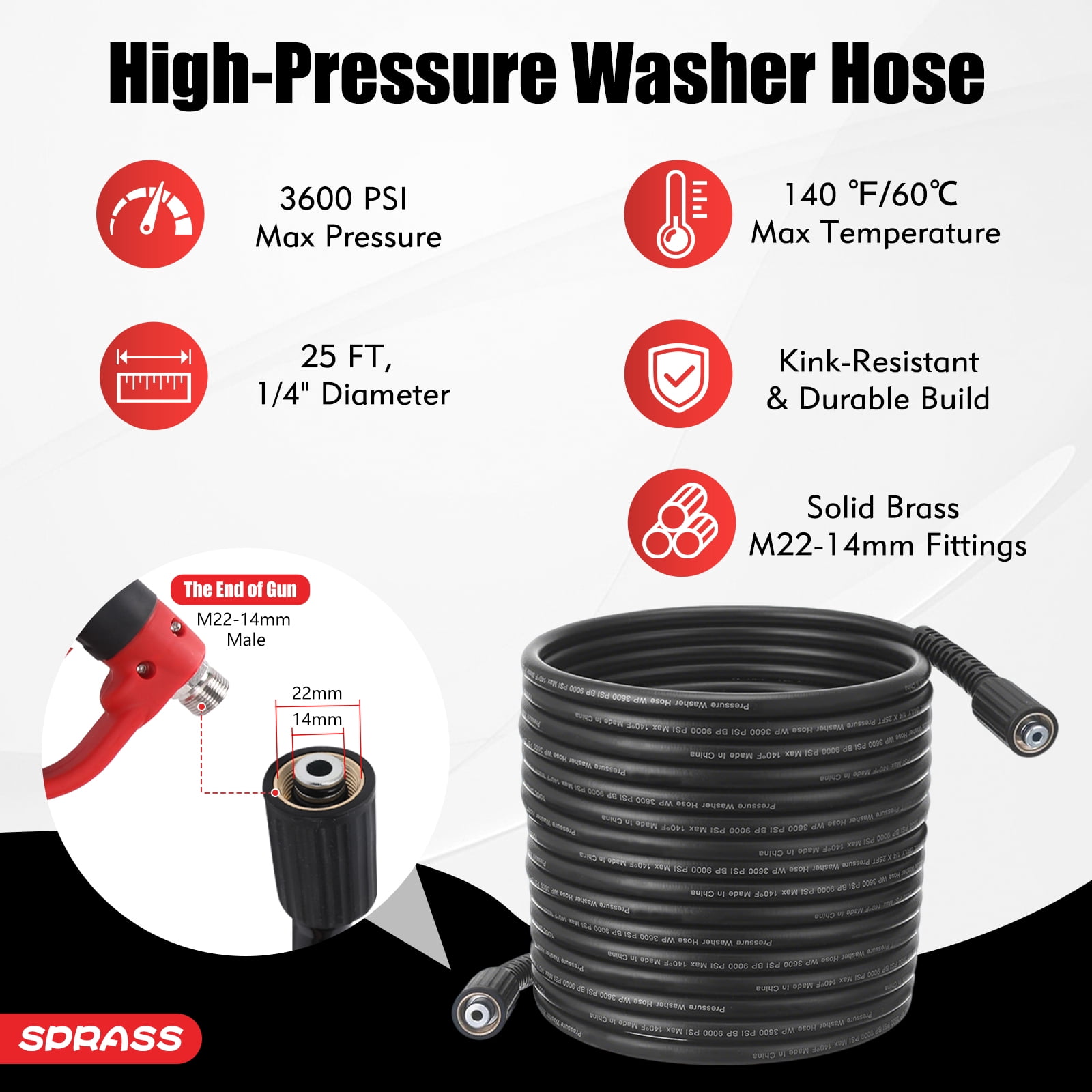Pressure Washer Gun and Hose Kit, 50FT High Pressure Power Washer Hose with Spray Gun, Wand Extension, 5 Nozzle Tips, M22-14mm Fittings, 3600 PSI