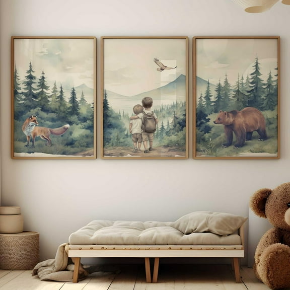 Luvia Brother Room Decor, Bear & Fox Print, Woodland Animal Nursery Art, Adventure Boy Art, Two Brothers Poster, Set Of 3, Brother Art, Modern Wall Decor Set 3 Prints 8x12 UNFRAMED