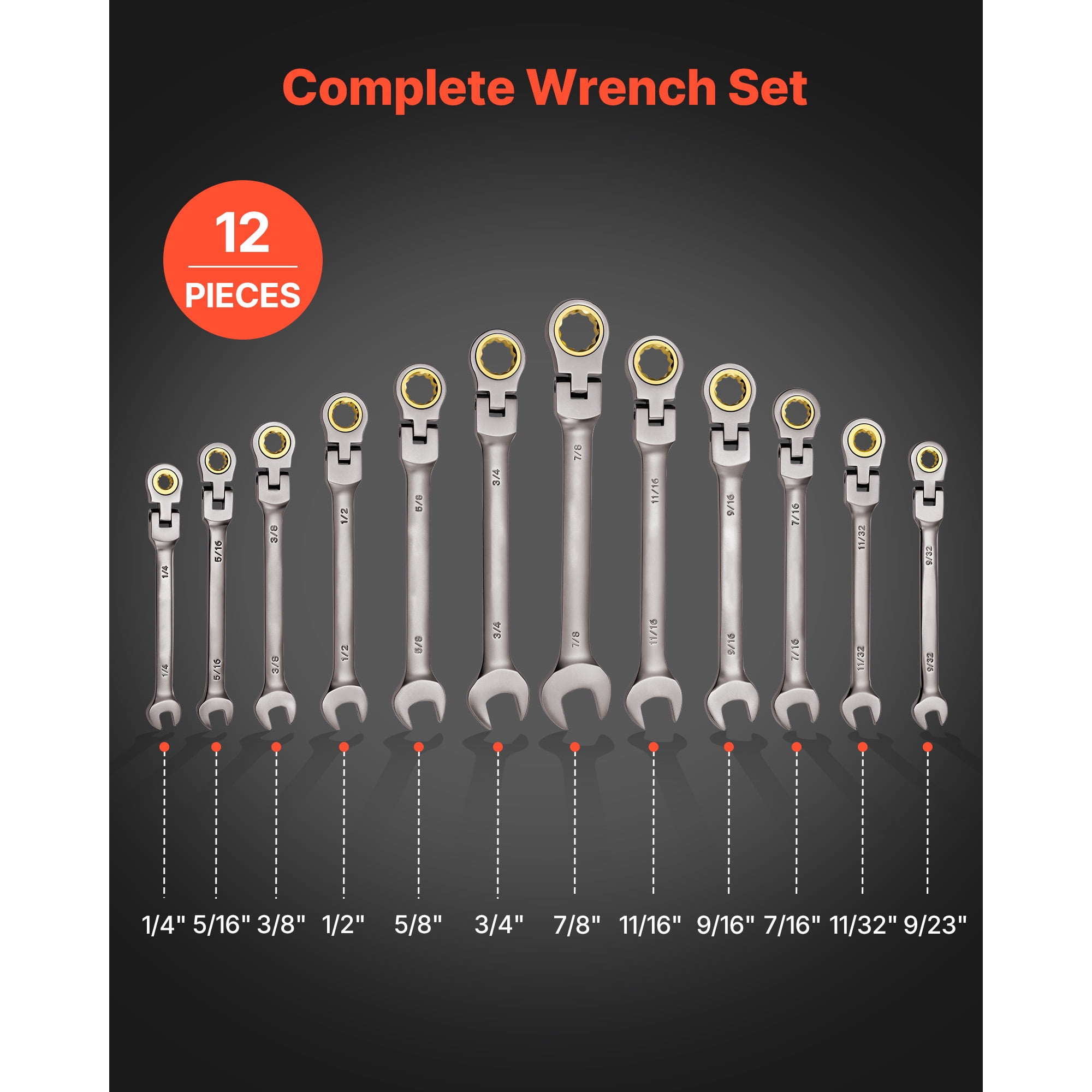 KFFKFF 12-Piece Flex-Head Ratcheting Wrench Set, SAE Sizes, 72-Tooth Cr-V Steel Combination Wrenches with Roll-Up Pouch, Ideal for Household and Automotive Maintenance, Gray Nickel Finish