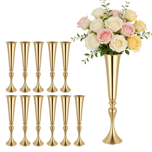 VEVOR 12 PCS Wedding Flower Vase, 21.7 in Tall Trumpet Flower Table Centerpieces, Banquet Vases Easy Installation, Electroplated Versatile Arrangement Stand for Party Events Home Decor Reception,Gold