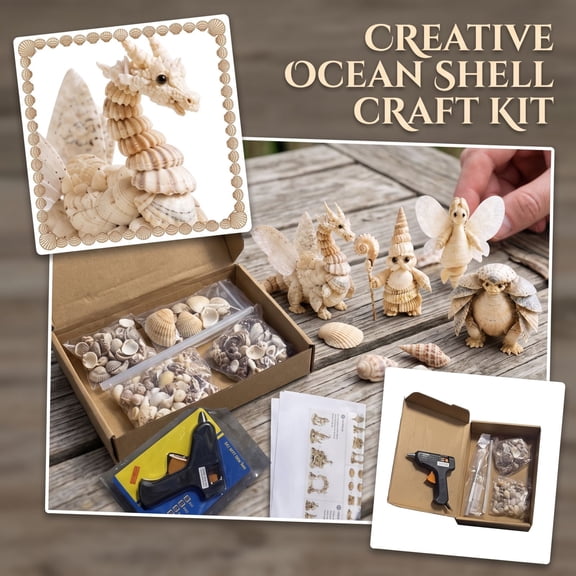 Ocean Shell Art DIY Kit, Craft Glue for Adults, Ocean Creature Handmade Art Set, 9.8x5.9 in Size, Coastal Seashell Design, DIY Home Decor, DIY Decorative Craft, Wall Decor, DIY for Gift